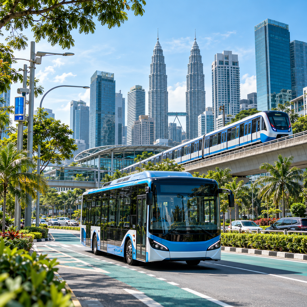 Illustration of a Malaysian city bus and urban rail in Kuala Lumpur.