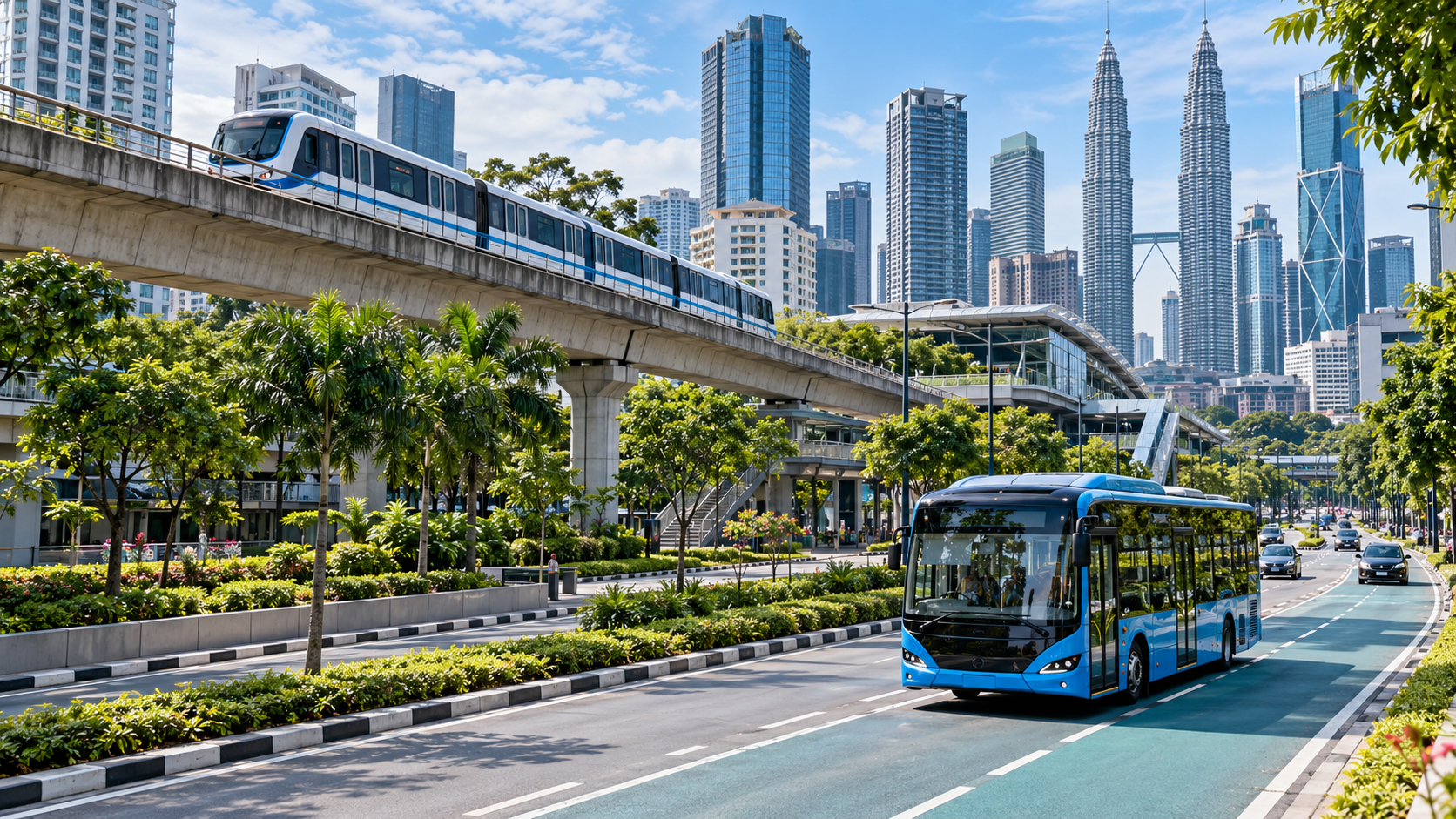 Illustration of urban rail and an electric bus in Kuala Lumpur.